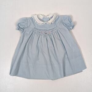 Vintage Polly Flinders Dress Baby Girls Size 12m Light Blue Swiss Dot Smocked